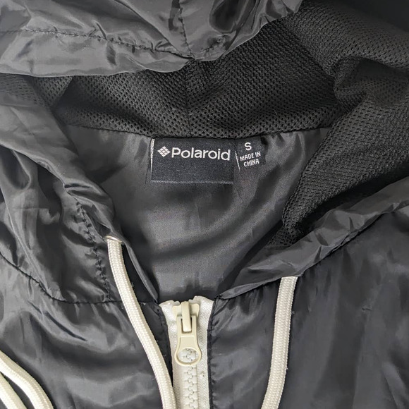 EUC Polaroid Womens Full Zip Hooded Windbreaker Black / Rainbow Print Logo Small - Picture 5 of 8